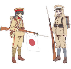Rule 34 | 2girls, absurdres, arisaka, backpack, bag, bayonet, black hair, blonde hair, blue eyes, bolt action, full body, gun, hat, highres, holding, holding gun, holding weapon, imperial japanese army, japanese flag, longmei er de tuzi, looking at viewer, mauser 98, military, military hat, military uniform, multiple girls, original, rifle, twintails, uniform, weapon, white background