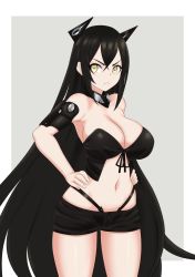 Rule 34 | 1girl, alternate breast size, bare shoulders, black hair, commentary request, eyelashes, frown, girls&#039; frontline, grey background, headgear, highres, judge (girls&#039; frontline), long hair, navel, puffywaffles, sangvis ferri, shorts, solo, very long hair, yellow eyes