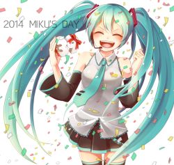 Rule 34 | 10s, 1girl, 2014, :d, ^ ^, aqua necktie, black skirt, black thighhighs, blush, character name, closed eyes, collared shirt, confetti, detached sleeves, english text, eyelashes, green hair, hair ornament, happy, hatsune miku, long hair, looking at viewer, necktie, open mouth, red ribbon, ribbon, shirt, skirt, smile, solo, standing, thighhighs, thighs, tomozu, twintails, vocaloid, white background, zettai ryouiki