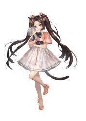 Rule 34 | 1girl, absurdres, animal ears, black jacket, black pants, blade &amp; soul, brown eyes, brown hair, cat ears, cat tail, character doll, crop top, doll, dress, full body, grey eyes, grey shirt, highres, jacket, long hair, lyn (blade &amp; soul), hugging object, pants, pink shirt, ribbon, rity, shirt, shoes, short hair, silver hair, simple background, solo, standing, standing on one leg, stuffed toy, tail, track jacket, track pants, track suit, transparent background, twintails, very long hair, white background, white dress