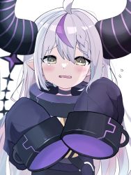Rule 34 | ahoge, blush, braid, choker, collar, demon horns, dot nose, grey hair, hair between eyes, hands in sleeves, hands up, hololive, holox, horns, la+ darknesss, long hair, multicolored hair, nocchi (r ws2l), pointy ears, purple hair, purple neckwear, simple background, tail, tears, two-tone hair, very long sleeves, virtual youtuber, wavy mouth, white background, yellow eyes