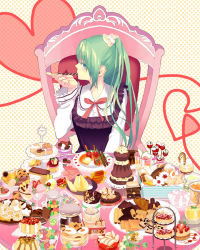 Rule 34 | 1girl, aqua hair, bad id, bad pixiv id, cake, candy, chair, cookie, cracker, dessert, eating, food, frills, fruit, fruit tart, glass, green eyes, green hair, hatsune miku, jar, lollipop, long hair, macaron, matching hair/eyes, mousse (food), plate, pocky, pudding, rozer, sitting, solo, strawberry, strawberry tart, sweets, table, tart (food), thumbprint cookie, tiered tray, tray, vocaloid, wafer stick