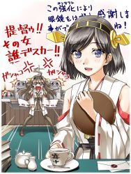 Rule 34 | &gt; &lt;, 10s, 2girls, abo (hechouchou), ahoge, anger vein, angry, black hair, blush, book, brown hair, cup, desk, detached sleeves, closed eyes, hairband, headgear, jealous, kantai collection, kirishima (kancolle), kongou (kancolle), letter, long hair, multiple girls, no eyewear, nontraditional miko, open mouth, purple eyes, saucer, short hair, smile, tears, thighhighs, translation request