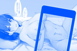 Rule 34 | 1girl, aftersex, ai-chan (tawawa), blue theme, breasts, cellphone, censored nipples, completely nude, condom, convenient censoring, cum, cum on body, cum on breasts, cum on upper body, dermar, getsuyoubi no tawawa, highres, large breasts, lying, monochrome, nude, on back, open mouth, phone, short hair, smile, solo focus, speech bubble, translation request, used condom
