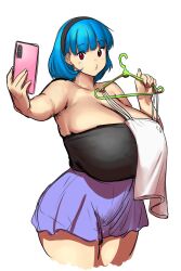 Rule 34 | 1girl, bare shoulders, black hairband, black tube top, blue hair, breasts, cleavage, clothes hanger, cowboy shot, cropped legs, erkaz, hairband, highres, holding, holding clothes hanger, holding phone, huge breasts, looking at viewer, medium hair, original, phone, purple skirt, red eyes, rina atherina, shadow, simple background, skirt, solo, strapless, tube top, white background