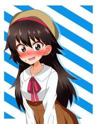 Rule 34 | 1girl, alternate hair length, alternate hairstyle, bad id, bad twitter id, beret, blue background, blush, brown hat, brown skirt, casual, collared shirt, commentary, diagonal stripes, girls und panzer, hat, high-waist skirt, highres, isobe noriko, leaning forward, long hair, long sleeves, looking at viewer, neck ribbon, open mouth, red ribbon, ribbon, shirt, silhouette, skirt, solo, standing, striped, striped background, sweatdrop, tanutika, white shirt, wig