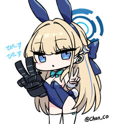 Rule 34 | 1girl, animal ears, blonde hair, blue archive, blue eyes, blue leotard, blush stickers, braid, breasts, chan co, chibi, commentary, detached collar, double v, fake animal ears, halo, hands up, leotard, long hair, looking at viewer, medium breasts, multicolored hair, no nose, official alternate costume, parted lips, playboy bunny, rabbit ears, rabbit tail, simple background, solo, strapless, strapless leotard, streaked hair, tail, thighhighs, thighs, toki (blue archive), toki (bunny) (blue archive), translated, twitter username, v, very long hair, white background, white thighhighs, wrist cuffs