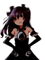 Rule 34 | bare shoulders, black hair, breasts, collar, dress, gloves, hands on own hips, highres, kuromazin19, long hair, neptune (series), open mouth, red eyes, small breasts, tsundere, twintails, two side up, uni (neptunia)