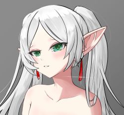Rule 34 | bare shoulders, collarbone, earrings, frieren, green eyes, grey background, highres, hrxw8287, jewelry, light blush, looking away, parted bangs, pointy ears, portrait, silver hair, simple background, sousou no frieren, twintails