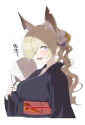 Rule 34 | 1girl, :d, animal ear fluff, animal ears, black kimono, blonde hair, blue archive, breasts, commentary request, cropped torso, flower, grey eyes, hair flower, hair ornament, hand fan, highres, holding, holding fan, japanese clothes, kanna (blue archive), kimono, long hair, long sleeves, looking at viewer, medium breasts, notched ear, obi, open mouth, paper fan, pinching sleeves, ponytail, sash, sharp teeth, simple background, sleeves past wrists, smile, solo, teeth, translation request, uchiwa, upper body, white background, white flower, wide sleeves, yako2189