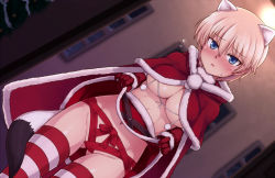 Rule 34 | 10s, 1girl, :o, animal ears, blonde hair, blue eyes, blush, brave witches, breasts, cameltoe, cape, christmas, flying sweatdrops, gloves, large breasts, navel, nikka edvardine katajainen, null (nyanpyoun), ribbon, short hair, solo, strike witches, striped clothes, striped thighhighs, tail, thighhighs, underboob, weasel ears, weasel tail, world witches series