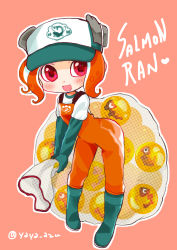 Rule 34 | 1girl, :d, boots, egg, elbow gloves, english text, engrish text, gloves, hat, heart, highres, jumpsuit, leaning forward, net, nintendo, octoling, octoling girl, octoling player character, open mouth, pink eyes, ranguage, rubber boots, rubber gloves, salmon run (splatoon), shirt, short hair, shoulder strap, smile, solo, splatoon (series), splatoon 2, splatoon 2: octo expansion, tentacle hair, tentacles, white shirt, yaya (yayaya)