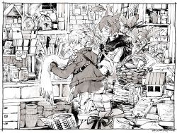 Rule 34 | 1boy, 1girl, alisaie leveilleur, animal ears, bag, basket, black scarf, border, bottle, braid, braided ponytail, cat ears, commentary, cooking pot, dated, drawer, elezen, elf, facial mark, final fantasy, final fantasy xiv, from side, g&#039;raha tia, hair ribbon, hatching (texture), holding, indoors, itowo (itowc), jacket, jar, leaf, long hair, long sleeves, low ponytail, miqo&#039;te, monochrome, neck tattoo, open mouth, plant, pointy ears, ponytail, ribbon, satchel, scarf, sepia, shelf, short hair, short ponytail, signature, single braid, smile, standing, stone wall, tattoo, wall, white border