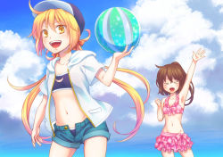 Rule 34 | &gt; &lt;, 10s, 2girls, :d, ahoge, alternate costume, arm up, armpits, bad id, bad pixiv id, ball, bare arms, beachball, bikini, bikini skirt, bikini under clothes, blonde hair, blush, bow, brown hair, closed eyes, cloud, cloudy sky, collarbone, commentary request, cowboy shot, day, frilled bikini, frills, from below, fumizuki (kancolle), hair between eyes, hair ribbon, hat, holding, holding ball, hood, hood down, hoodie, horizon, kantai collection, long hair, looking at viewer, low twintails, midriff, multiple girls, nao (kamonegiiii), navel, ocean, open clothes, open mouth, outdoors, ponytail, remodel (kantai collection), ribbon, satsuki (kancolle), short shorts, short sleeves, shorts, sky, smile, swimsuit, twintails, unbuttoned, unzipped, waving, yellow eyes