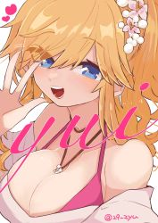 Rule 34 | 1girl, 29 zyu, blonde hair, blue eyes, bra, breasts, character name, cleavage, flower, hair flower, hair ornament, heart, highres, idolmaster, idolmaster cinderella girls, jewelry, large breasts, looking at viewer, necklace, off-shoulder shirt, off shoulder, ohtsuki yui, pink bra, shirt, smile, solo, underwear, w, white shirt