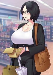 Rule 34 | 1girl, absurdres, bag, black cardigan, black hair, black pants, blurry, blurry background, blush, bracelet, breasts, cardigan, cleavage, collarbone, convenience store, glasses, grey eyes, handbag, highres, holding, holding umbrella, indoors, jewelry, large breasts, lulu-chan92, open cardigan, open clothes, open mouth, original, pants, parted bangs, shirt, shop, shopping bag, short hair, standing, umbrella, wallet, white shirt