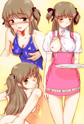 Rule 34 | 00s, 1girl, anna miller, apron, azusagawa tsukino, bare shoulders, blush, grabbing another&#039;s breast, breast slip, breasts, brown hair, cum, grabbing, green eyes, hair ribbon, hechi, long hair, looking back, nipples, nude, one-piece swimsuit, one breast out, open clothes, open shirt, ribbon, see-through, shirt, skirt, swimsuit, tray, twintails, two side up, uniform, waitress, yakitate!! japan