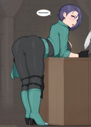 Rule 34 | 1girl, afrobull, ass, asymmetrical hair, bad id, bad pixiv id, black gloves, black hair, boots, commentary, desk, english text, fire emblem, fire emblem: three houses, gloves, high heel boots, high heels, highres, looking at viewer, nintendo, open mouth, purple eyes, quill, shamir nevrand, short hair, solo, wall