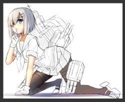 Rule 34 | 1girl, black border, blue eyes, border, brown thighhighs, cannon, closed mouth, commentary, english commentary, finger to mouth, gloves, hair ornament, hairclip, hamakaze (kancolle), hand up, high heels, index finger raised, kantai collection, kneeling, looking at viewer, machinery, neckerchief, pantyhose, pleated skirt, rigging, sailor collar, school uniform, serafuku, shirt, short hair, shushing, simple background, sketch, skirt, smile, solo, thighhighs, tonee, unfinished, white background
