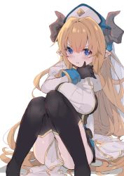 Rule 34 | 1girl, blonde hair, breasts, clothes between thighs, draph, eip (pepai), gloves, granblue fantasy, horns, juliet sleeves, large breasts, long hair, long sleeves, pointy ears, puffy sleeves, razia, sitting, thighhighs, very long hair