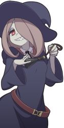 Rule 34 | 1girl, belt, brown hair, colored skin, eyeshadow, grey skin, grin, hair over one eye, hat, little witch academia, makeup, mascara, mike inel, necktie, red eyes, robe, sharp teeth, simple background, smile, solo, sucy manbavaran, teeth, transparent background, upper body, witch hat