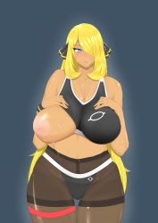 Rule 34 | 1girl, alternate body size, alternate breast size, alternate skin color, bare shoulders, blonde hair, blue eyes, breasts, cameltoe, cleavage, clothes pull, creatures (company), cynthia (pokemon), dot nose, eyelashes, game freak, hair ornament, hair over one eye, highres, large breasts, long hair, navel, nintendo, nipple slip, nipples, open mouth, pokemon, pokemon dppt, simple background, sweat, sweatdrop, swimsuit, tan, tank top, thick thighs, thigh strap, thighs, very long hair, wristband