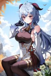 Rule 34 | 1girl, absurdres, ahoge, bare shoulders, bell, black pantyhose, blue hair, blush, breasts, chinese knot, detached sleeves, flower, flower knot, ganyu (genshin impact), genshin impact, gold trim, highres, horns, long hair, looking at viewer, medium breasts, neck bell, nq (nnq q), outdoors, pantyhose, purple eyes, qingxin flower, sidelocks, sitting, smile, solo, tassel, thighlet, vision (genshin impact), white flower, white sleeves