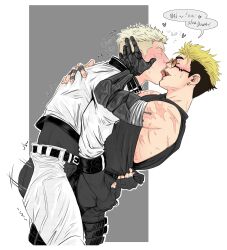 Rule 34 | 2boys, absurdres, blonde hair, blush, closed eyes, earrings, french kiss, glasses, highres, jewelry, kiss, male focus, mechanical arms, millions knives, multiple boys, scar, sleeveless, tongue, tongue out, trigun, vash the stampede, white hair, yamzokk, yaoi