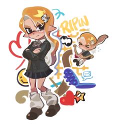 Rule 34 | &gt; &lt;, 1girl, black eyes, black skirt, blush, bow (weapon), cellphone, closed mouth, commentary request, crossed arms, dandang s p, envelope, full body, hair ornament, hairclip, highres, holding, holding bow (weapon), holding weapon, inkling, inkling girl, inkling player character, korean commentary, leg warmers, long hair, multiple views, nintendo, orange hair, phone, pointy ears, skirt, splatoon (series), standing, star (symbol), tentacle hair, weapon, white background