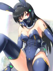Rule 34 | 1girl, animal ears, barcode, barcode tattoo, black hair, blue gloves, blue leotard, blue thighhighs, breasts, commentary request, elbow gloves, fake animal ears, funakingyo, gloves, highres, leotard, medium breasts, nontraditional playboy bunny, original, oxygen mask, oxygen tank, playboy bunny, rabbit ears, red eyes, respirator, sitting, solo, strapless, strapless leotard, tattoo, thighhighs