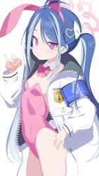 Rule 34 | 1girl, absurdres, alternate costume, animal ears, blue archive, blue hair, bow, closed mouth, commentary request, cowboy shot, doughnut, fake animal ears, flat chest, food, fubuki (blue archive), hair bow, hair ornament, halo, heart, heart hair ornament, highres, holding, holding food, jacket, leotard, light blue hair, long hair, long sleeves, looking at viewer, open clothes, open jacket, pink halo, pink leotard, playboy bunny, puffy long sleeves, puffy sleeves, rabbit ears, red eyes, simple background, solo, sonoda 345, strapless, strapless leotard, twintails, white background, white bow, white jacket