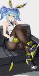 Rule 34 | 1girl, absurdres, alternate costume, animal ears, black pantyhose, blue eyes, breasts, cleavage, couch, gloves, hair between eyes, hatsune miku, highres, leg lift, leg up, leotard, looking at viewer, medium breasts, necktie, on couch, pantyhose, rabbit ears, sitting, sleeveless, smile, solo, solo focus, twintails, vocaloid, yato (yama0x1)