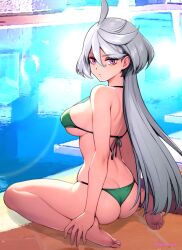Rule 34 | 1girl, absurdres, ahoge, ass, bad feet, barefoot, bikini, breasts, butt crack, closed mouth, commentary request, expressionless, feet, green bikini, grey hair, gundam, gundam suisei no majo, hair between eyes, halterneck, highres, large breasts, long hair, looking at viewer, miorine rembran, oyaman, poolside, purple eyes, sideboob, sitting, solo, swimsuit, toes, turning head, twitter username, very long hair, wariza