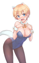 Rule 34 | 10s, 1girl, animal ears, bare shoulders, black pantyhose, blonde hair, blue eyes, blush, brave witches, breasts, cleavage, covered navel, detached collar, dog ears, dog tail, highleg, highleg leotard, highres, konnyaku (kk-monmon), large breasts, leaning forward, leotard, looking at viewer, nikka edvardine katajainen, open mouth, pantyhose, playboy bunny, short hair, solo, tail, weasel tail, world witches series, wrist cuffs