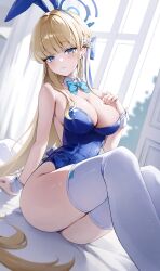 Rule 34 | 1girl, absurdres, ass, bare shoulders, blonde hair, blue archive, blue bow, blue eyes, blue halo, blue leotard, blush, bow, braid, breasts, cleavage, closed mouth, commentary request, french braid, hair bow, halo, highres, indoors, knees up, large breasts, leotard, long hair, looking at viewer, official alternate costume, on bed, playboy bunny, ruhia, solo, strapless, strapless leotard, thighhighs, thighs, toki (blue archive), toki (bunny) (blue archive), white thighhighs, white wrist cuffs, wrist cuffs