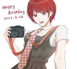 Rule 34 | 1girl, :d, breasts, camera, chenniiiii, danganronpa (series), danganronpa 2: goodbye despair, dated, freckles, green skirt, green vest, grey background, happy birthday, highres, holding, holding camera, koizumi mahiru, large breasts, looking at viewer, necktie, open mouth, plaid necktie, red hair, shirt, shirt tucked in, short hair, short sleeves, simple background, skirt, smile, solo, teeth, upper teeth only, vest, white shirt