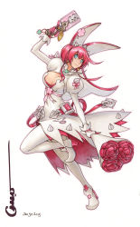 Rule 34 | 1girl, bad deviantart id, bad id, belt, blue eyes, blue hair, boots, bouquet, breasts, cleavage, cleavage cutout, clothing cutout, clover, dated, dress, elphelt valentine, fingernails over gloves, flower, four-leaf clover, guilty gear, guilty gear xrd, gun, hat, high heel boots, high heels, large breasts, matching hair/eyes, omar dogan, pink hair, signature, solo, veil, weapon, white dress, white footwear, white legwear