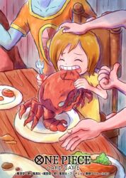 Rule 34 | 1girl, aged down, closed eyes, commentary request, copyright name, crab, dress, eating, fork, hand on another&#039;s head, hatchan, holding, holding fork, koala (one piece), lettuce, multiple boys, official art, on chair, one piece, one piece card game, plate, short hair, short sleeves, sitting, sowsow, table, yellow dress