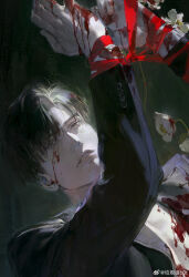 Rule 34 | 1boy, absurdres, arms up, black background, black hair, black suit, blood, blood on clothes, blood on face, chinese commentary, creamyghost, flower, formal, highres, lips, long sleeves, looking at viewer, love and deepspace, male focus, open clothes, parted lips, red ribbon, restrained, ribbon, shirt, short hair, solo, suit, upper body, white flower, white shirt, zayne (love and deepspace)