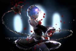 Rule 34 | 10s, 1girl, 2016, apron, artist name, ball and chain (weapon), blood, blood on arm, blood on face, blood splatter, blue eyes, blue hair, bob cut, chain, character name, collar, copyright name, dated, detached sleeves, flail, frilled collar, frilled shirt collar, frilled skirt, frilled sleeves, frills, hair over one eye, hair ribbon, highres, holding, holding weapon, horns, maid, maid apron, maid headdress, matching hair/eyes, morning star, re:zero kara hajimeru isekai seikatsu, rem (re:zero), ribbon, short hair, single horn, skirt, solo, spiked ball and chain, thyme (4749874974), weapon, white legwear, wide sleeves