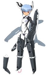 Rule 34 | 10s, 1girl, blue hair, bodysuit, busou shinki, doll joints, full body, headgear, joints, mecha musume, pointy ears, red eyes, shimada fumikane, short hair, simple background, solo, standing, strarf, white background