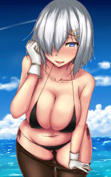 Rule 34 | 1girl, bad id, bad pixiv id, bare shoulders, black pantyhose, blue eyes, blue sky, blush, breasts, clothes pull, cloud, collarbone, day, gloves, hair ornament, hair over one eye, hairclip, hamakaze (kancolle), heart, heart-shaped pupils, horizon, kantai collection, large breasts, leaning forward, looking at viewer, navel, ocean, open mouth, pantyhose, pantyhose pull, short hair, silver hair, simple background, skindentation, sky, smile, solo, stomach, symbol-shaped pupils, terakoya, thighs, underwear, water, white gloves
