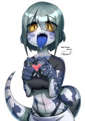 Rule 34 | 1girl, black eyes, black shirt, blue-tongued skink, blue-tongued skink (sparrowl), blue skin, blue tongue, blush, character name, claws, colored sclera, colored skin, colored tongue, cropped shirt, grey hair, grey skin, hair between eyes, hands up, heart, heart hands, highleg, highleg panties, highres, lizard tail, looking at viewer, medium hair, monster girl, multicolored skin, open mouth, original, panties, reptile girl, saliva, scales, shirt, short sleeves, signature, simple background, slit pupils, solo, sparrowl, standing, tail, tongue, tongue out, two-tone skin, underwear, white background, yellow sclera