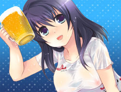 Rule 34 | 1girl, alcohol, bad id, bad pixiv id, beer, black hair, blue eyes, blush, breasts, covered erect nipples, large breasts, misaki kozue, see-through, solo, wet