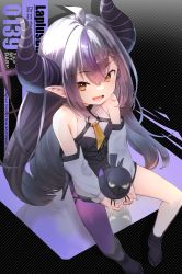 Rule 34 | 1girl, bare shoulders, black horns, crow (la+ darknesss), detached sleeves, from above, highres, hololive, horns, hoshi umi, la+ darknesss, long hair, looking at viewer, open mouth, sitting, smile, striped, striped horns, virtual youtuber, white hair