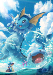 Rule 34 | ;3, ;d, blue eyes, blue sky, bottle, cloud, cloudy sky, creatures (company), day, game freak, gen 1 pokemon, gen 2 pokemon, gen 3 pokemon, highres, lapras, mudkip, nintendo, no humans, one eye closed, open mouth, partially submerged, partially underwater shot, pokemon, pokemon (creature), sky, smile, splashing, tail, toitoi508, tongue, vaporeon, water, wooper