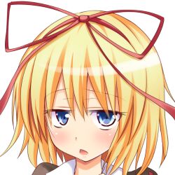Rule 34 | 1girl, blonde hair, blue eyes, blush, commentary request, gin&#039;you haru, hair ribbon, looking at viewer, medicine melancholy, open mouth, portrait, profile picture, red ribbon, ribbon, simple background, solo, touhou, upper body, white background
