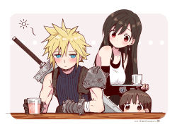 Rule 34 | ..., 1boy, 2girls, alcohol, armor, asymmetrical hair, bandaged arm, bandages, bar (place), bare shoulders, blonde hair, blue eyes, blue shirt, blush, brown eyes, brown hair, buster sword, chiba sadoru, child, cloud strife, drunk, earrings, final fantasy, final fantasy vii, final fantasy vii remake, fingerless gloves, glass, gloves, grey background, hair between eyes, highres, holding, holding plate, jewelry, marlene wallace, materia, multiple girls, plate, red eyes, shirt, shoulder armor, single earring, sitting, sleeveless, sleeveless turtleneck, spiked hair, sports bra, square enix, squeans, suspenders, tifa lockhart, turtleneck, upper body, weapon, weapon on back, white shirt