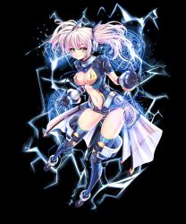 Rule 34 | 1girl, black background, black gloves, black legwear, breasts, cleavage, full body, gloves, headset, highres, iggy (soccer spirits), looking at viewer, magic circle, medium breasts, navel, official art, pink hair, reason (ficafe), smile, soccer spirits, solo, standing, transparent background, twintails, yellow eyes
