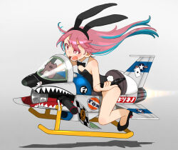 Rule 34 | 1girl, animal ears, bare legs, black bow, black bowtie, black leotard, blue hair, bow, bowtie, breasts, fake animal ears, get, gradient background, grey background, gun, kitsuneno denpachi, leotard, multicolored hair, open mouth, original, pink hair, red eyes, riding, small breasts, snowmobile, solo, strapless, strapless leotard, streaked hair, stuffed animal, stuffed boar, stuffed toy, teeth, thick eyebrows, two-tone hair, weapon